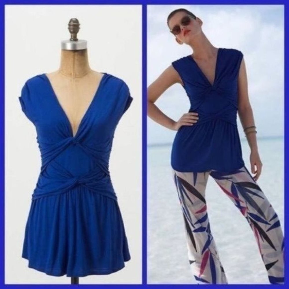 Anthropologie Ric Rac Twirled Tiers Tee Blue Top S‎ Small Twist Front
